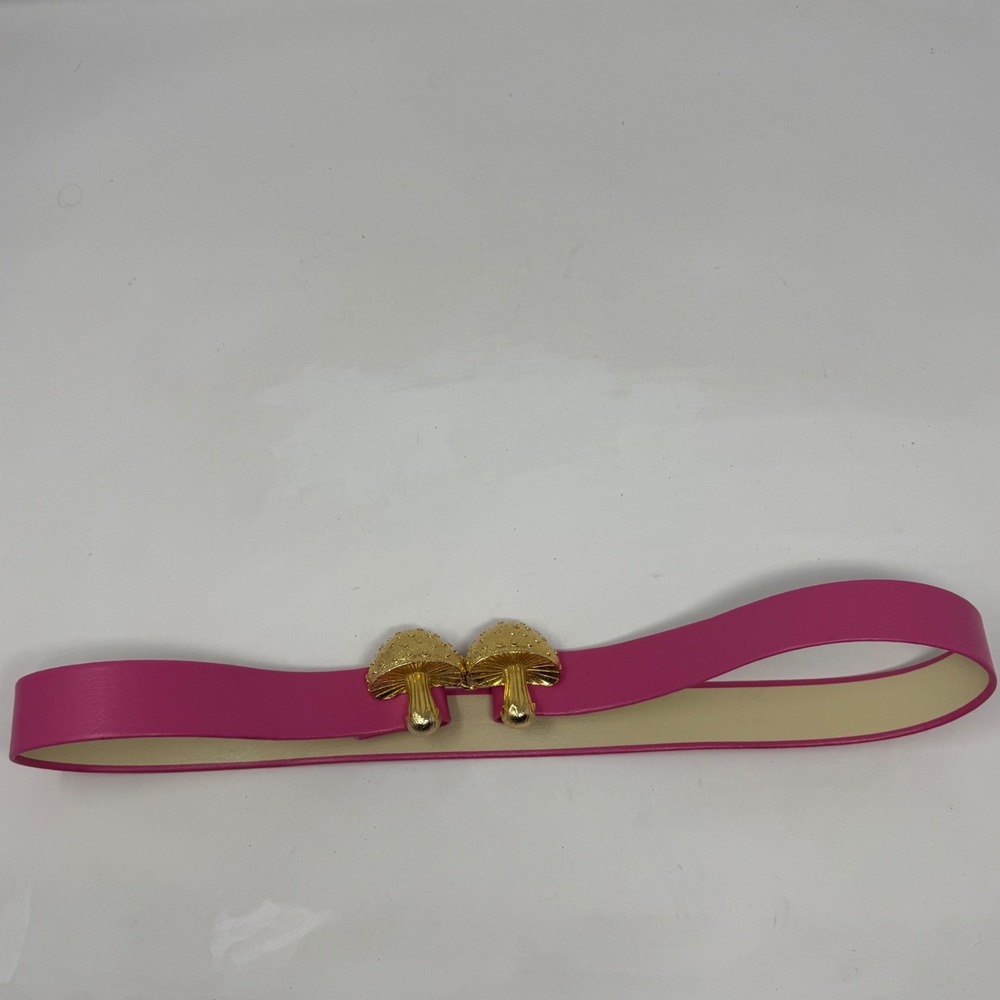 80's Hot Pink Mushroom Buckle Waist Belt Gold Tone Whimsical Statement Accessory